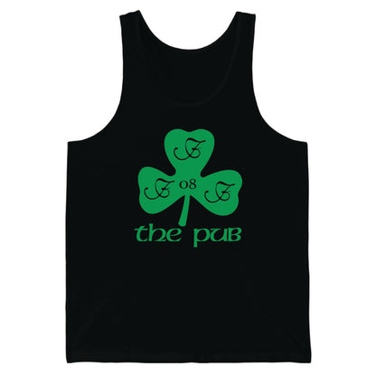 Black unisex jersey tank top featuring a green shamrock graphic with the text The Pub and the number 08.