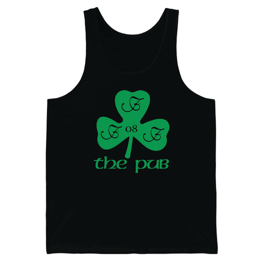 Black unisex jersey tank top featuring a green shamrock graphic with the text The Pub and the number 08.