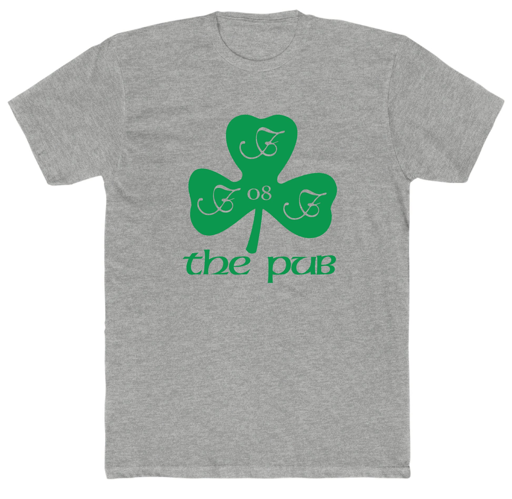 Grey heather unisex t-shirt featuring a green shamrock logo with The Pub text and 08 detailing.