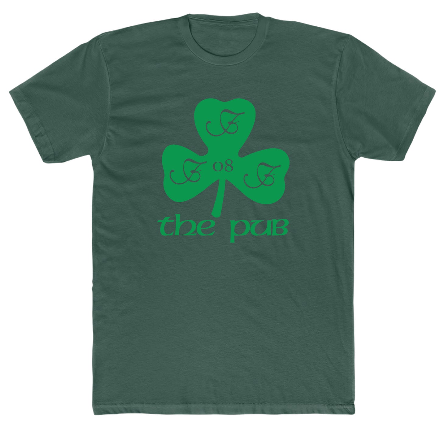 Dark green unisex crew neck t-shirt featuring a bright green shamrock logo with The Pub text and 08 detail.