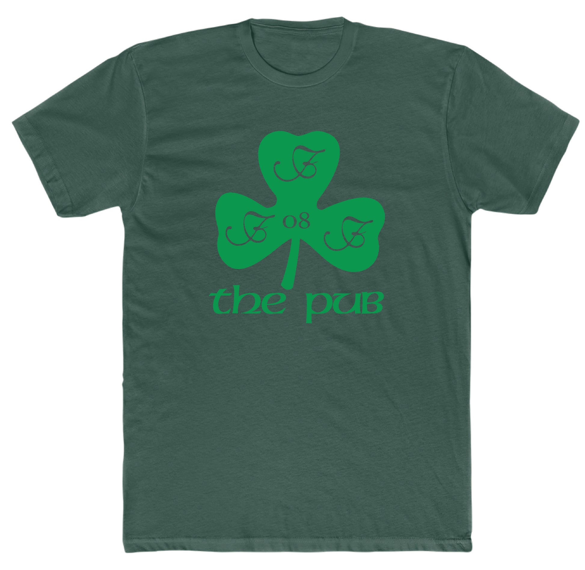 Dark green unisex crew neck t-shirt featuring a bright green shamrock logo with The Pub text and 08 detail.