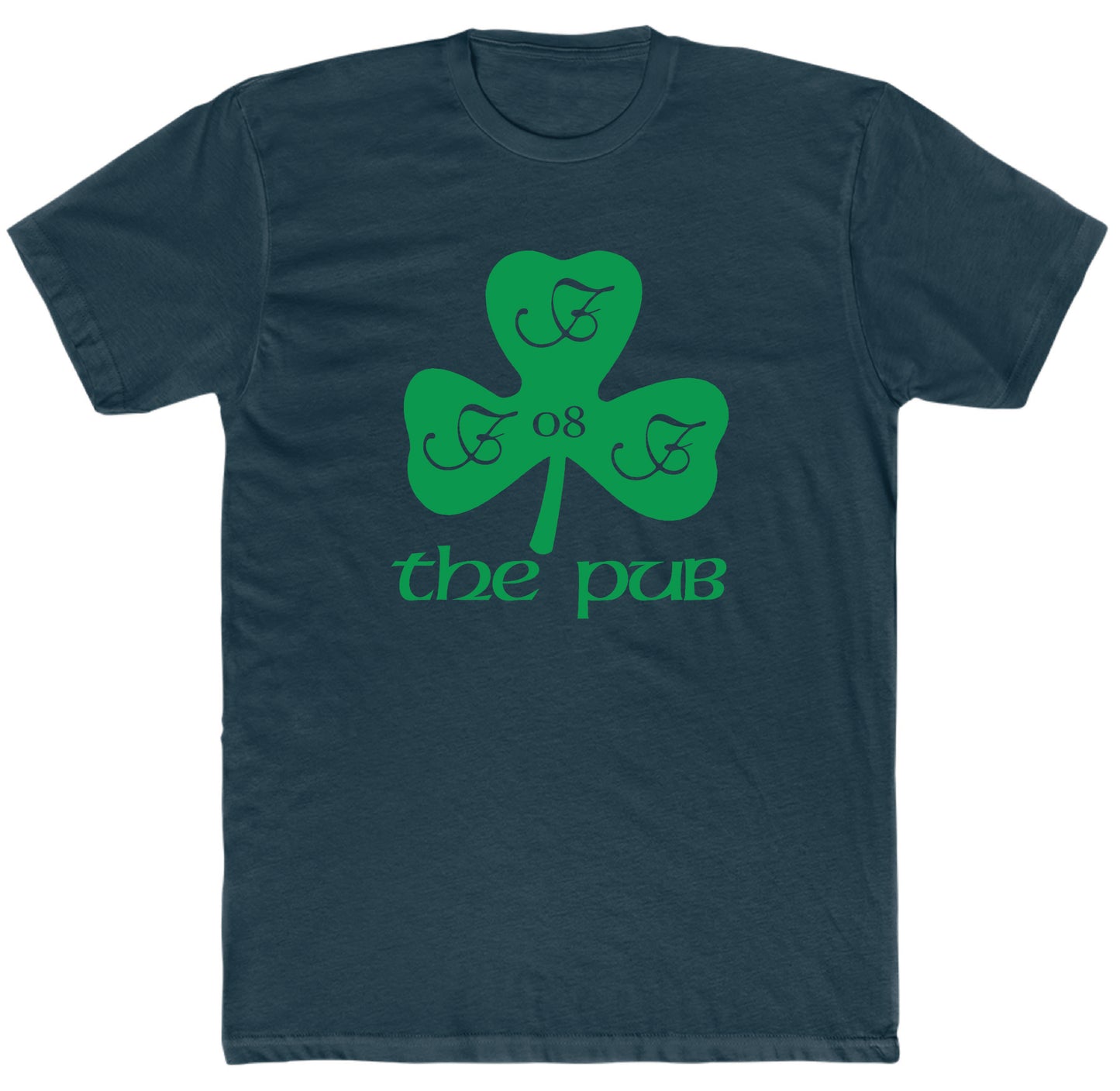 Dark navy blue crew neck t-shirt featuring a green shamrock logo with the text The Pub and 08 printed on the front.