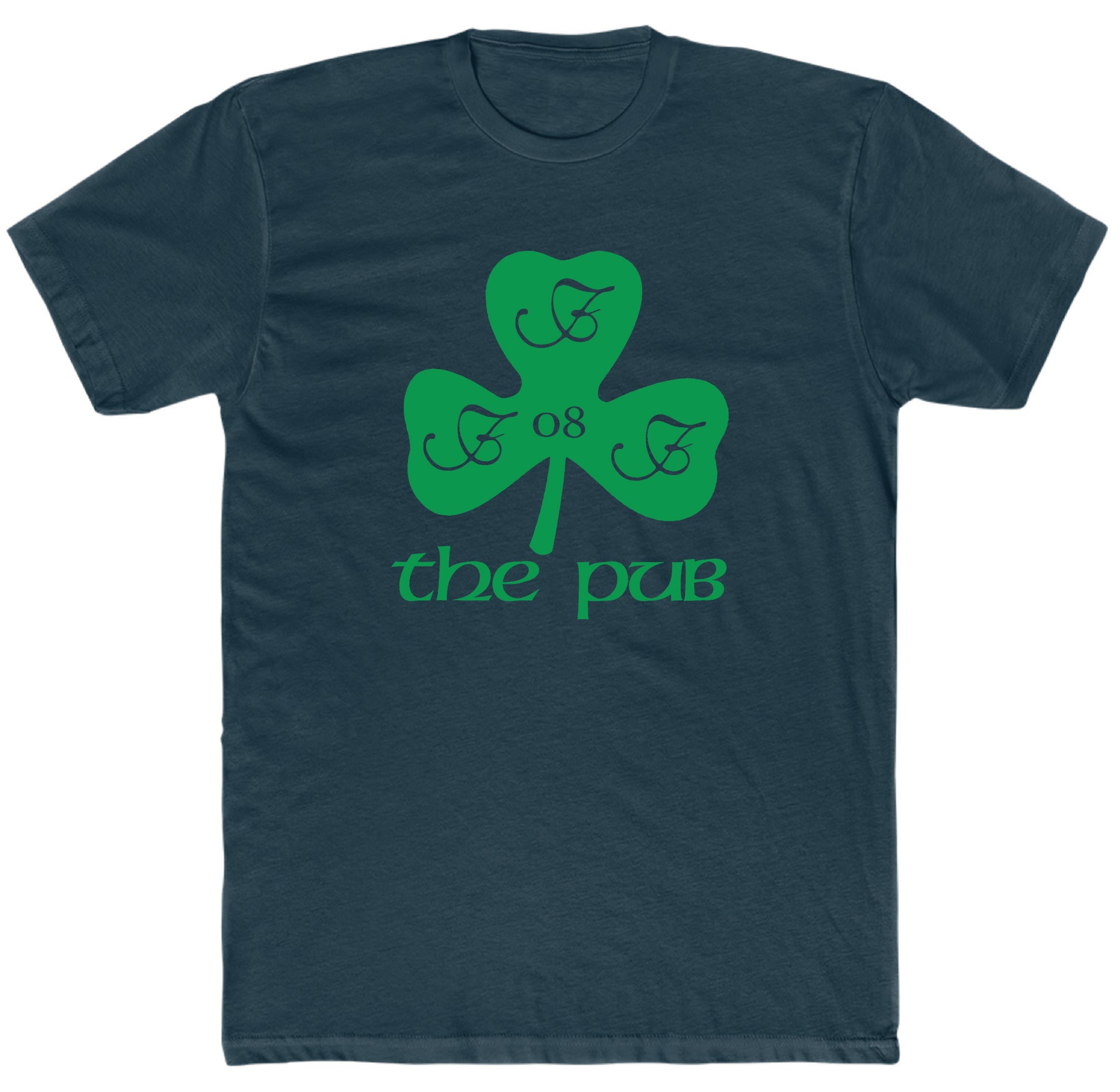 Dark navy blue crew neck t-shirt featuring a green shamrock logo with the text The Pub and 08 printed on the front.