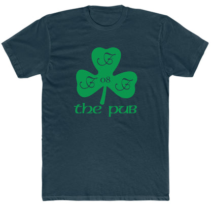 Dark navy blue crew neck t-shirt featuring a green shamrock logo with the text The Pub and 08 printed on the front.