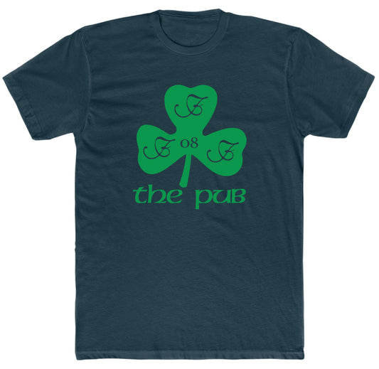 Dark navy blue crew neck t-shirt featuring a green shamrock logo with the text The Pub and 08 printed on the front.