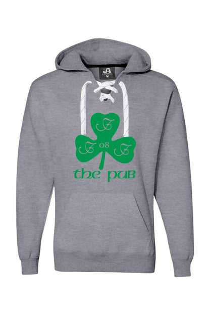 Grey hooded sweatshirt with white lace-up neckline, featuring a green shamrock graphic and The Pub text on the front.