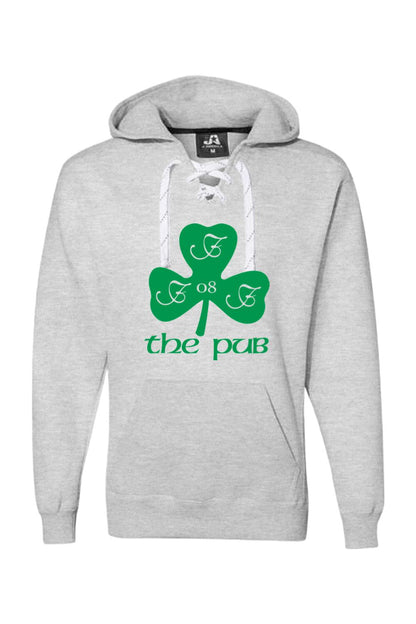 Grey hooded sweatshirt with white lace-up neck, front pocket, and green shamrock logo with The Pub text.