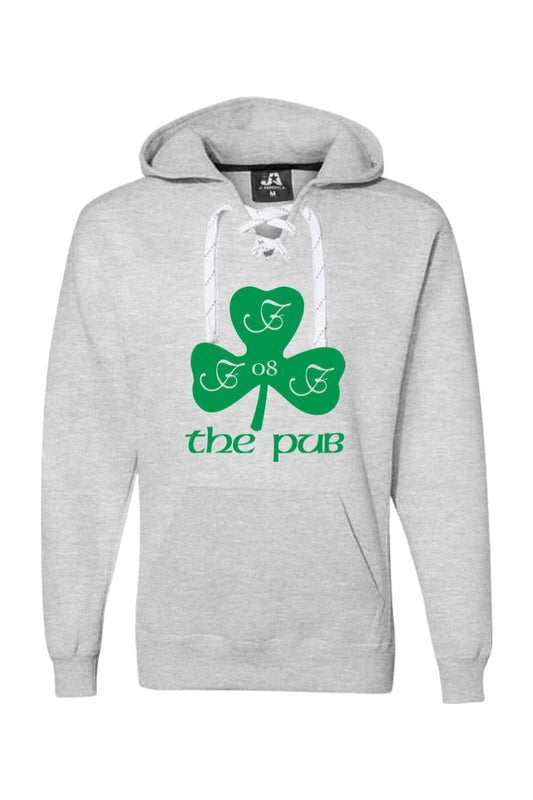 Grey hooded sweatshirt with white lace-up neck, front pocket, and green shamrock logo with The Pub text.
