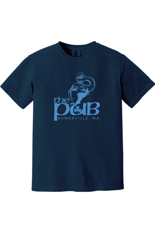 Navy blue Comfort Colors heavy cotton t-shirt with a light blue elephant and The Pub Somerville, MA graphic print.