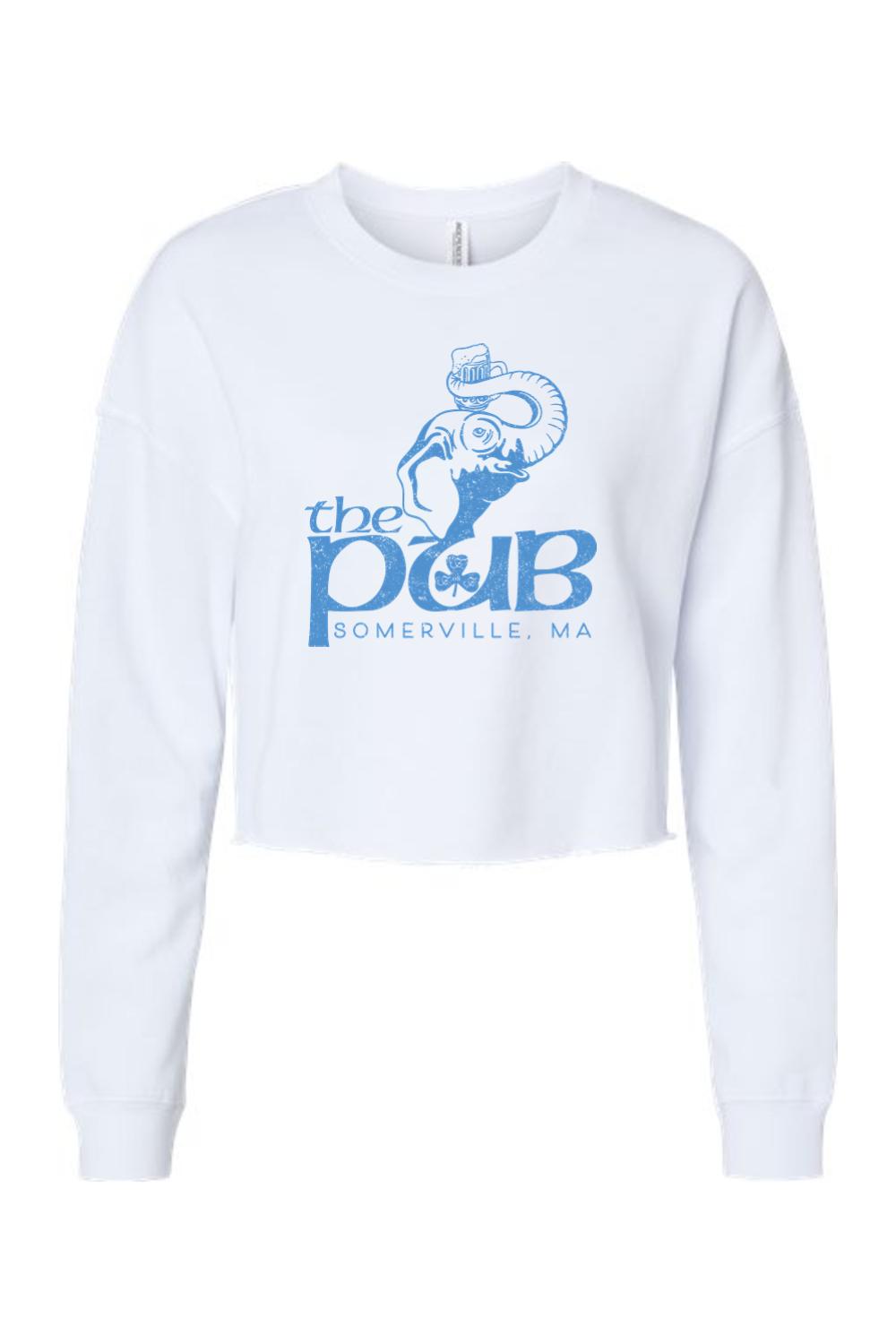 White cropped crewneck sweatshirt featuring a blue elephant graphic and The Pub Somerville, MA logo.