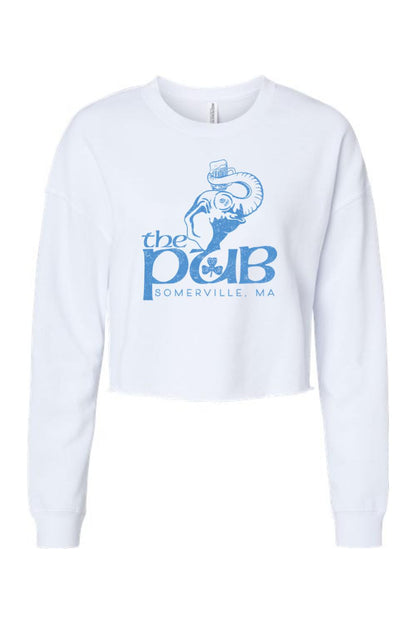 White cropped crewneck sweatshirt featuring a blue elephant graphic and The Pub Somerville, MA logo.