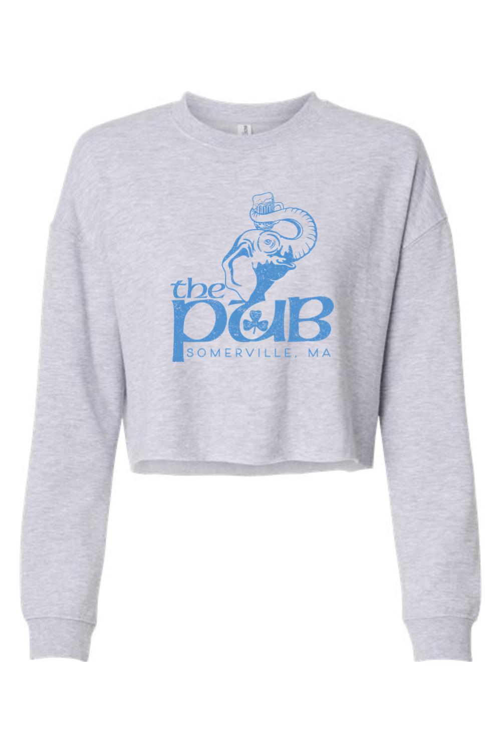 Light gray cropped crewneck sweatshirt with a blue The Pub Somerville, MA elephant graphic on the front.