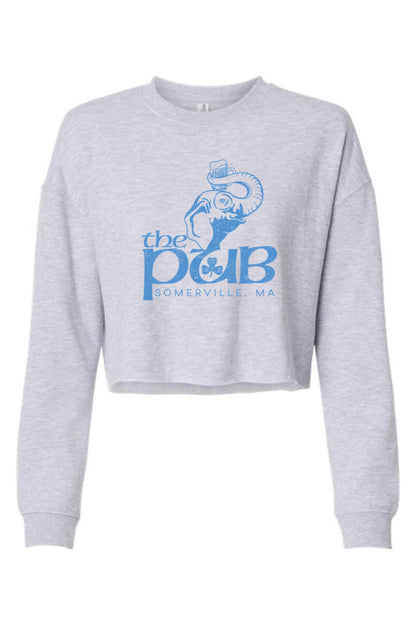 Light gray cropped crewneck sweatshirt with a blue The Pub Somerville, MA elephant graphic on the front.