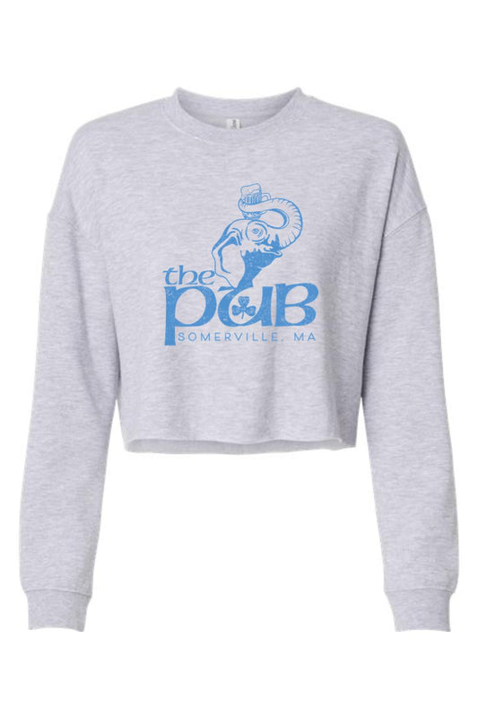 Light gray cropped crewneck sweatshirt with a blue The Pub Somerville, MA elephant graphic on the front.