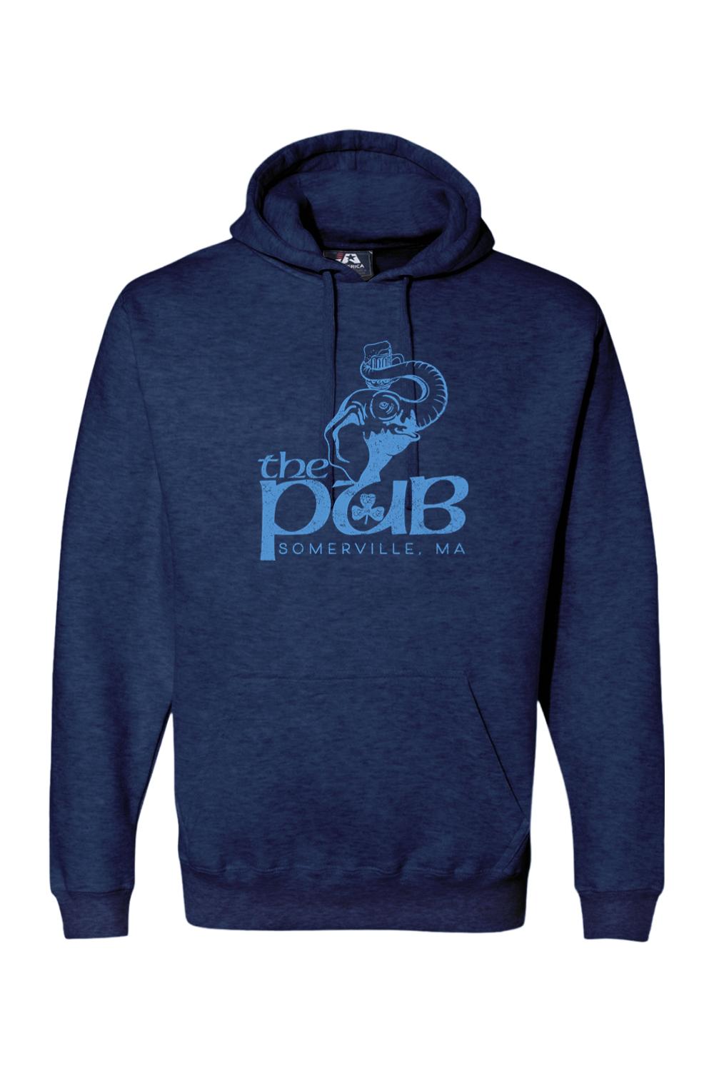 Navy blue heathered pullover hoodie featuring a light blue graphic of an elephant wearing a hat and The Pub Somerville logo.