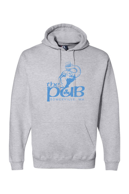 Light gray pullover hoodie featuring a blue elephant graphic with a beer mug and The Pub Somerville, MA text.