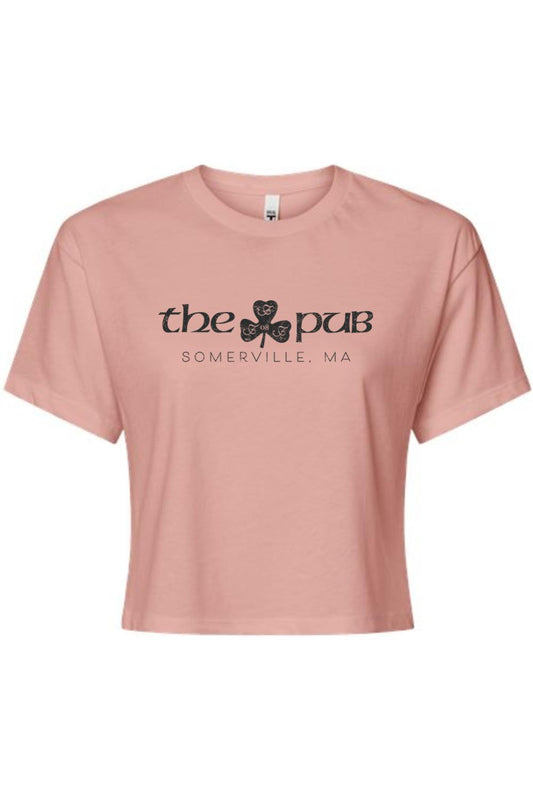 Dusty rose relaxed-fit crop t-shirt featuring a black The Pub Somerville logo with a shamrock graphic.