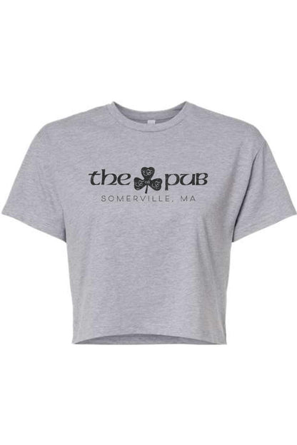 Grey cropped t-shirt featuring a black shamrock logo and The Pub Somerville, MA text on the front.