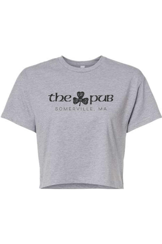 Grey cropped t-shirt featuring a black shamrock logo and The Pub Somerville, MA text on the front.