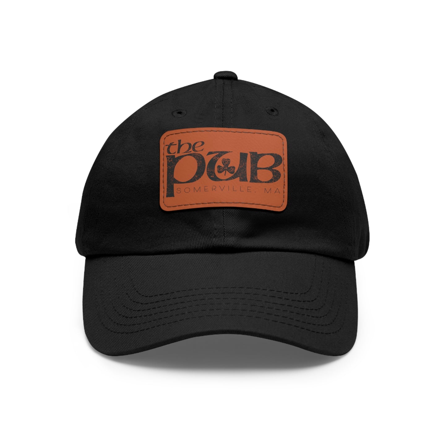 Black bio-washed chino twill dad hat featuring a brown faux leather patch with The Pub Somerville logo.