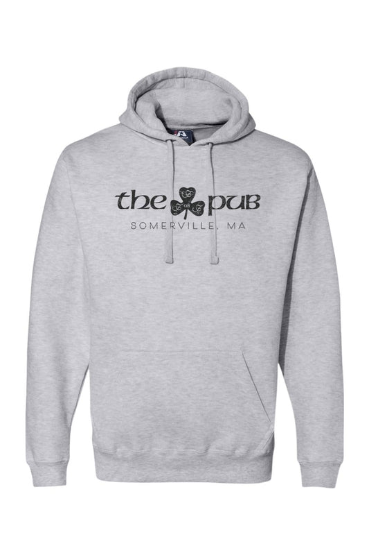 Light grey premium fleece hoodie featuring a black shamrock logo and The Pub Somerville, MA text.