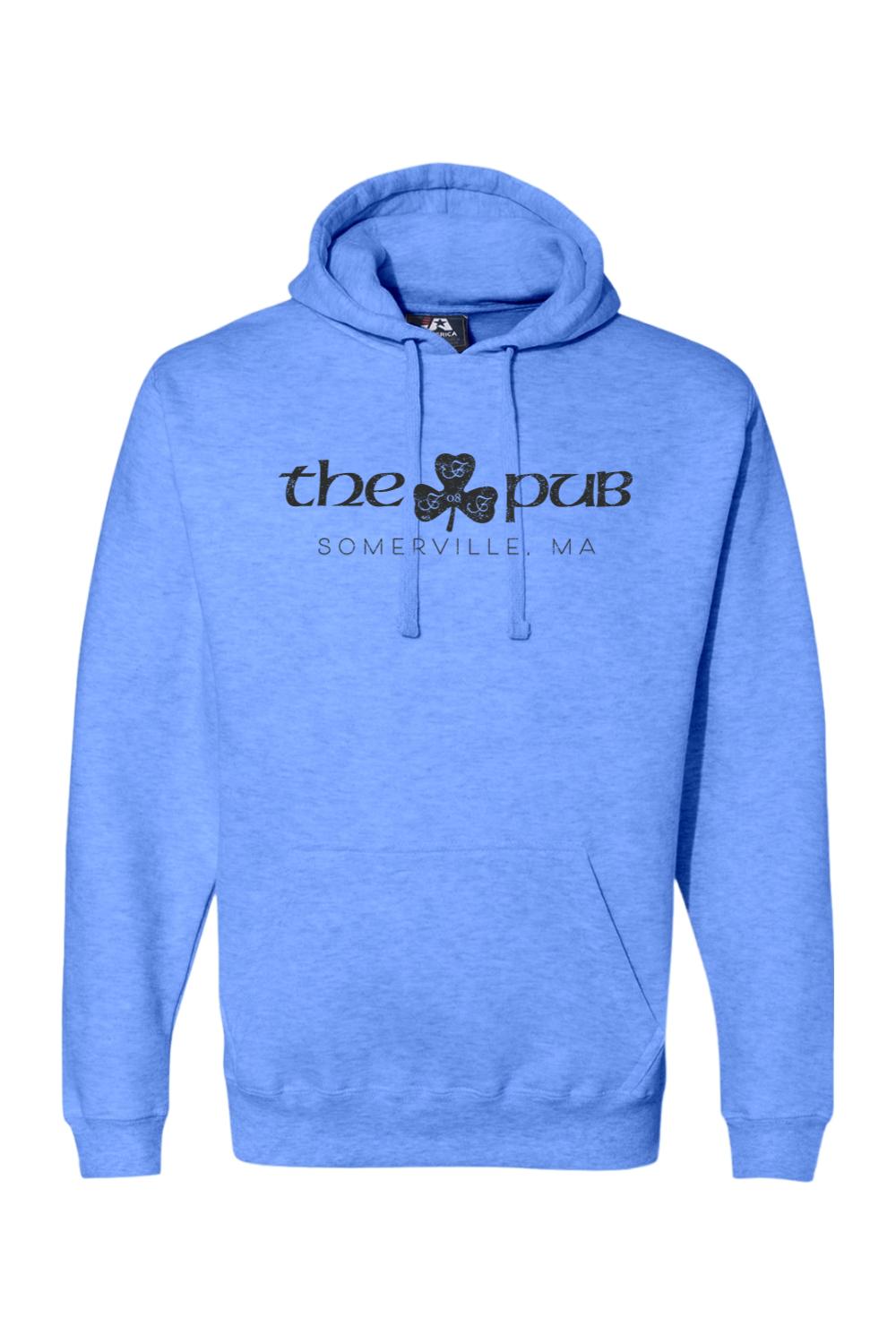Light blue heathered fleece hoodie featuring The Pub Somerville logo with a black shamrock graphic on the chest.