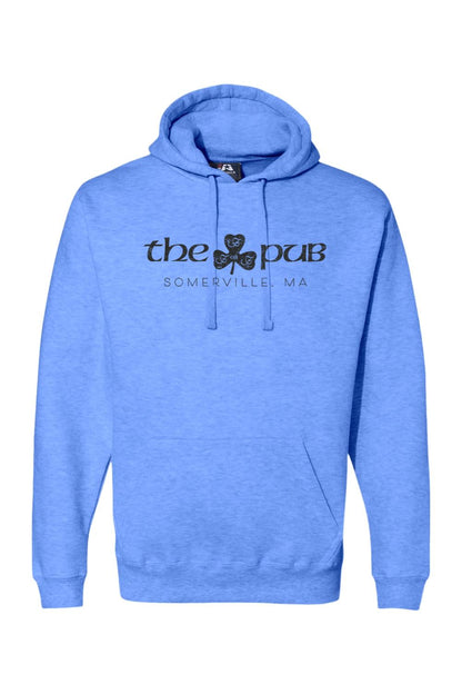 Light blue heathered fleece hoodie featuring The Pub Somerville logo with a black shamrock graphic on the chest.