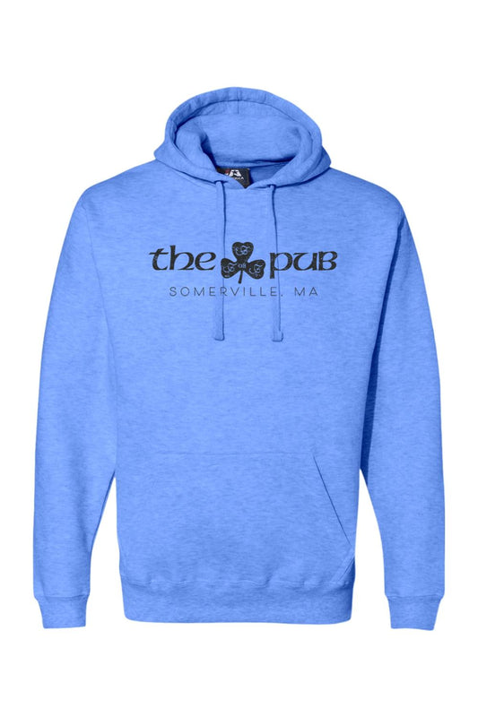 Light blue heathered fleece hoodie featuring The Pub Somerville logo with a black shamrock graphic on the chest.