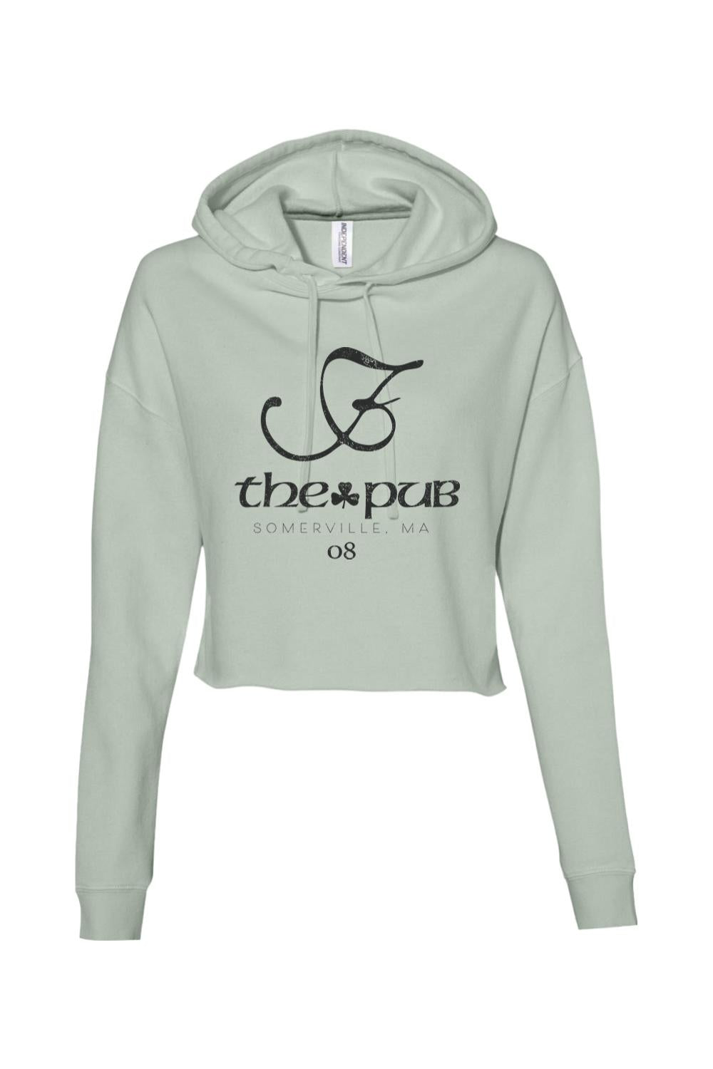 Sage green cropped hoodie with a black The Pub Somerville, MA logo and drawstring hood.