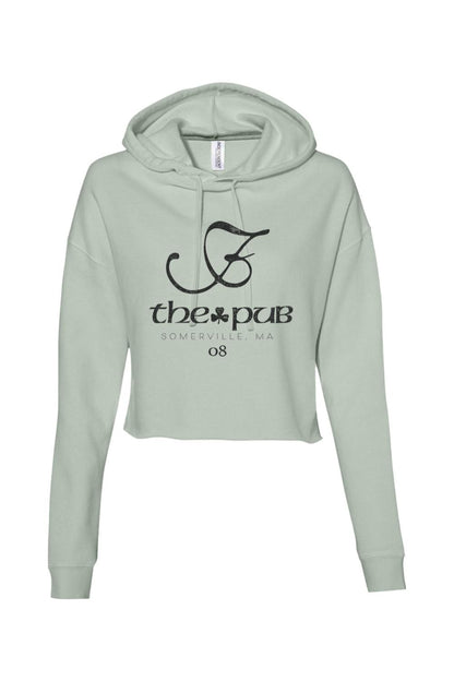 Sage green cropped hoodie with a black The Pub Somerville, MA logo and drawstring hood.