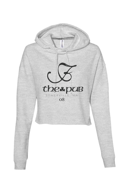 Light grey cropped hoodie with a black The Pub Somerville, MA logo graphic and drawstring hood.