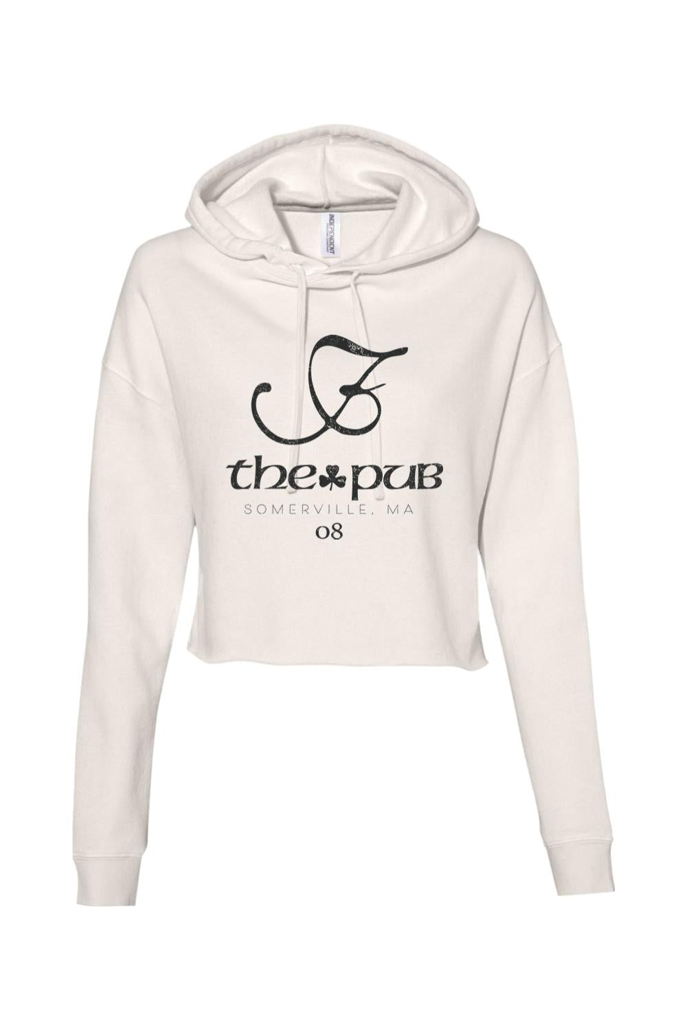 Cream-colored cropped hoodie with a black The Pub Somerville, MA logo and drawstring hood.
