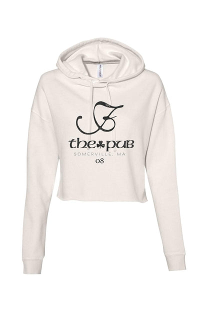Cream-colored cropped hoodie with a black The Pub Somerville, MA logo and drawstring hood.