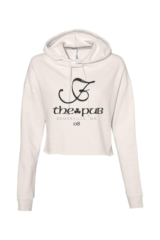 Cream-colored cropped hoodie with a black The Pub Somerville, MA logo and drawstring hood.