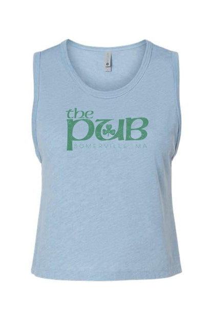 Light blue women's crop tank top with a green "The Pub Somerville, MA" logo featuring a shamrock on the front.