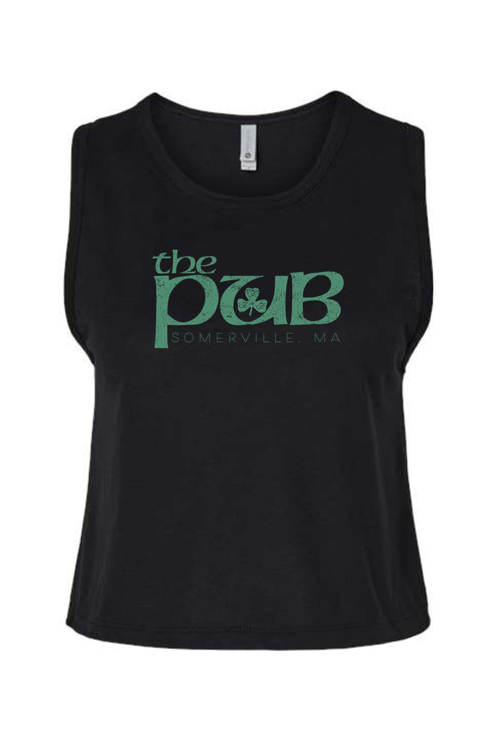 Black women's crop tank top featuring a green "The Pub Somerville, MA" logo with a shamrock graphic.
