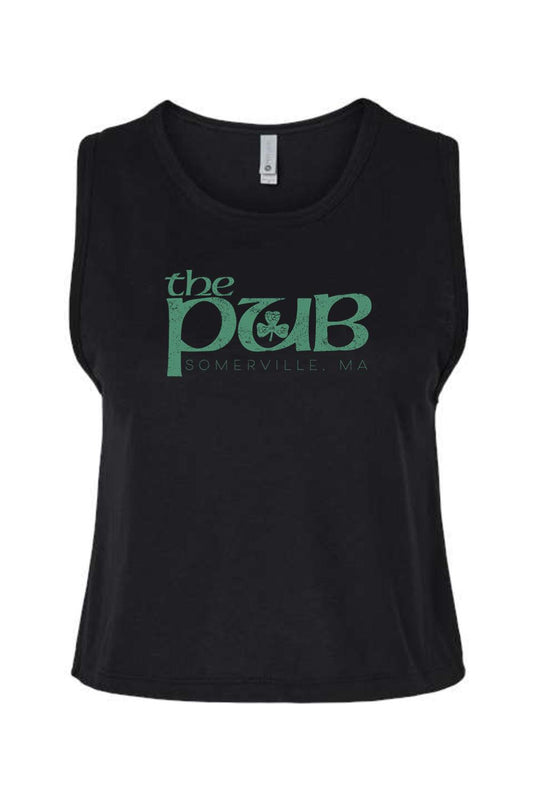 Black women's crop tank top featuring a green "The Pub Somerville, MA" logo with a shamrock graphic.