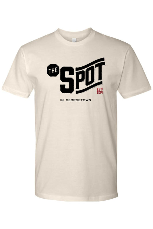 Cream-colored cotton t-shirt featuring The Spot Georgetown logo in black and red text on the chest.