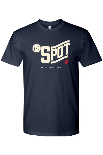 Navy blue cotton crewneck t-shirt featuring The Spot Georgetown logo in cream and red text on the chest.