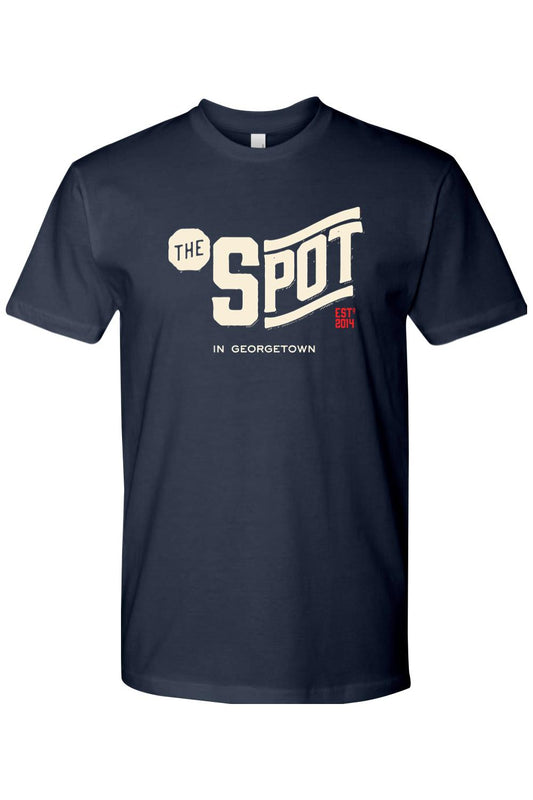 Navy blue cotton crewneck t-shirt featuring The Spot Georgetown logo in cream and red text on the chest.