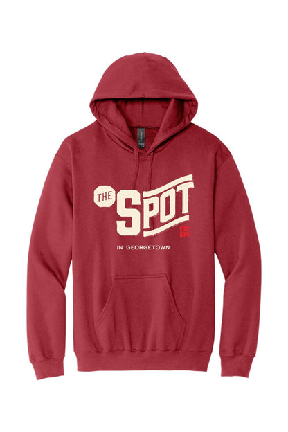 Maroon pullover hoodie with a white The Spot Georgetown graphic, featuring a front kangaroo pocket and hood.
