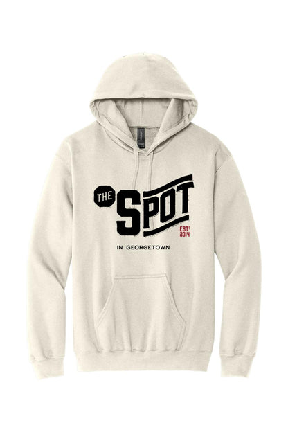 Beige pullover hooded sweatshirt featuring The Spot Georgetown graphic in black and red on the chest.