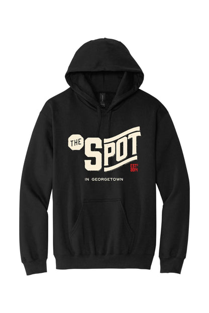 Black pullover hooded sweatshirt featuring a white and red The Spot Georgetown graphic on the chest.