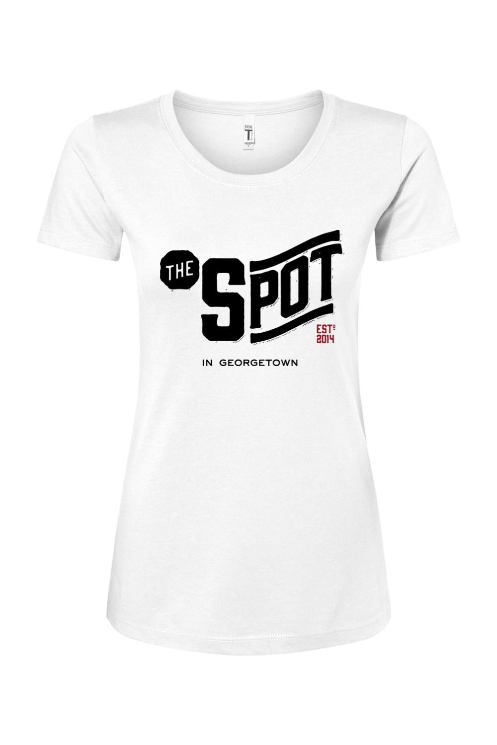 White women's cotton blend t-shirt featuring The Spot Georgetown logo in black and red on the chest.