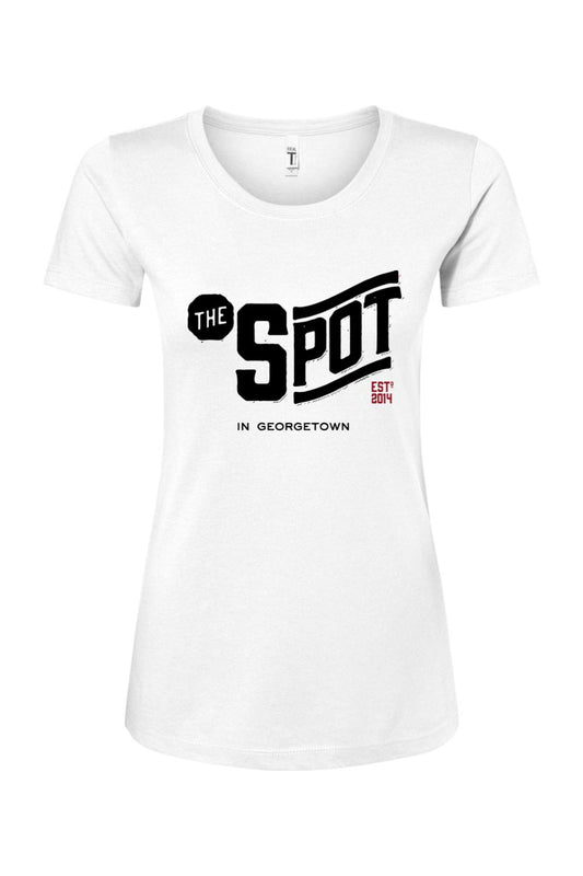White women's cotton blend t-shirt featuring The Spot Georgetown logo in black and red on the chest.