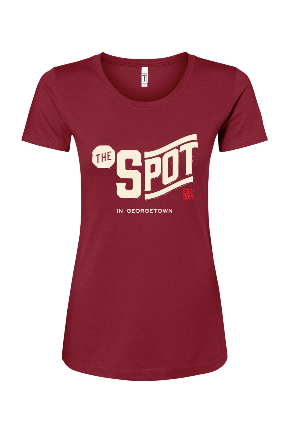 Maroon women's cotton blend t-shirt featuring The Spot Georgetown logo in cream and red text.