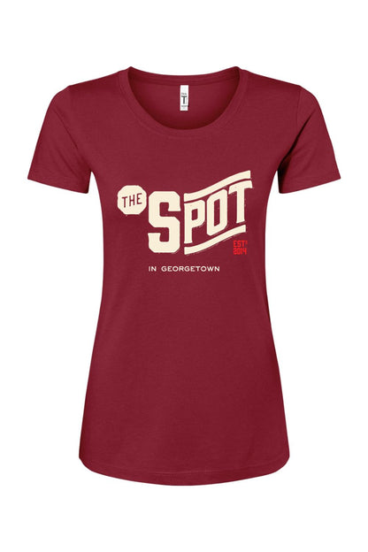 Maroon women's cotton blend t-shirt featuring The Spot Georgetown logo in cream and red text.