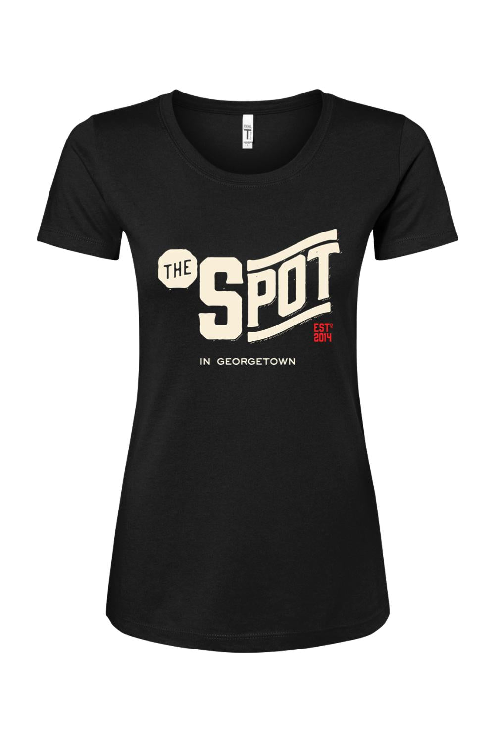 Black women's cotton-blend crewneck t-shirt featuring The Spot Georgetown logo in cream and red text.