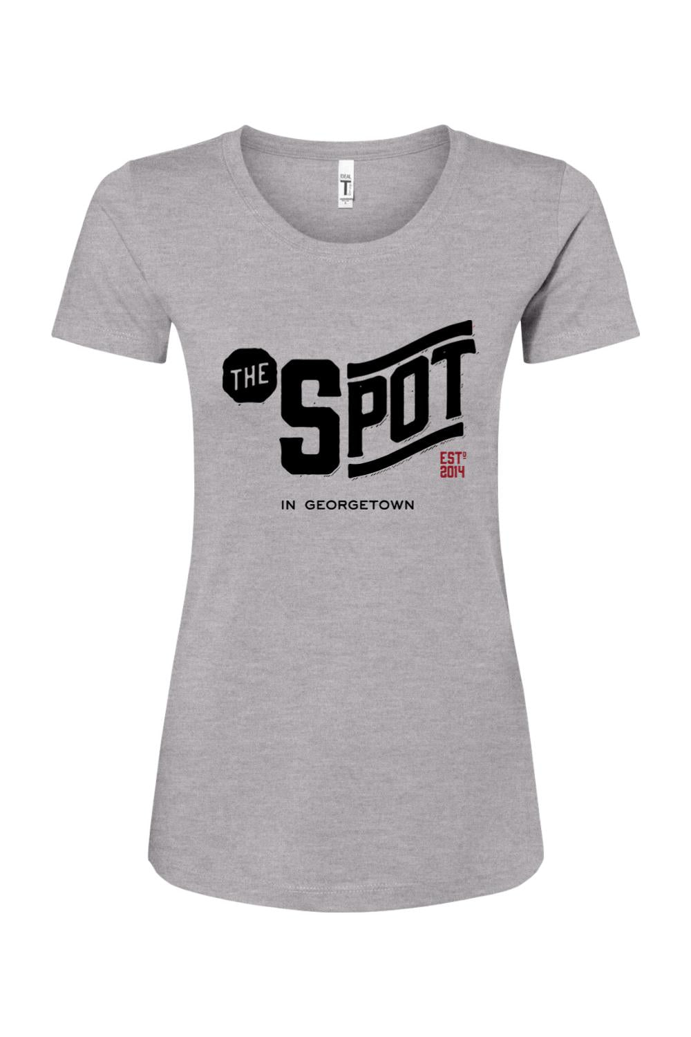 Grey women's cotton-blend t-shirt featuring The Spot Georgetown logo in black and red on the chest.