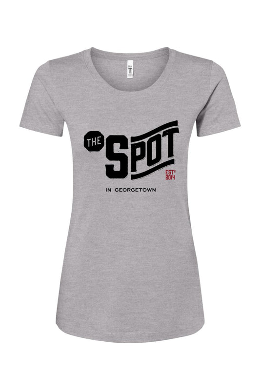 Grey women's cotton-blend t-shirt featuring The Spot Georgetown logo in black and red on the chest.